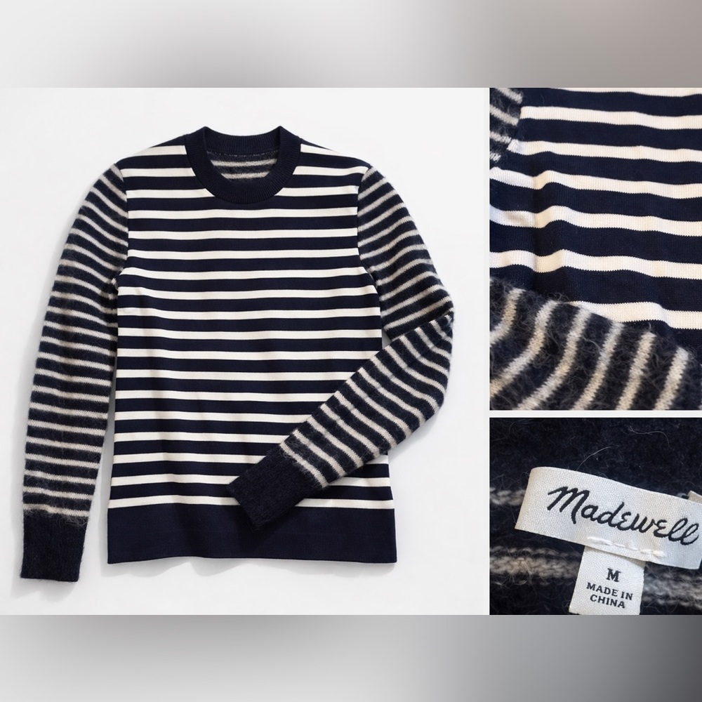 Madewell Navy and White Striped Crewneck Sweater
